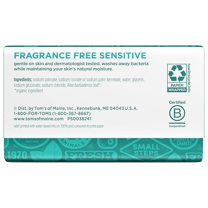 Tom’s of Maine Natural Beauty Bar Soap For Women and Men, Fragrance Free, Sensitive Skin, 5 oz Bar (Pack of 6)
