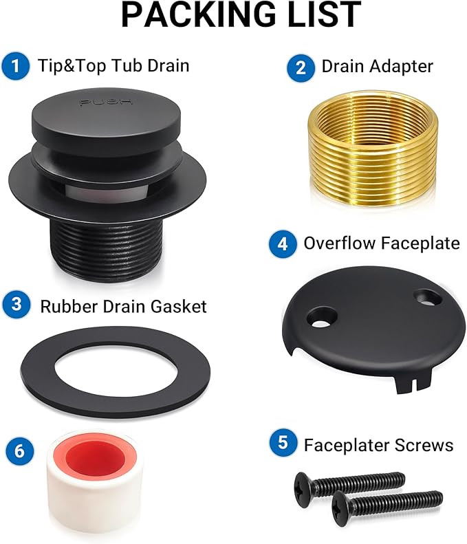 Tub Stopper Bathtub Drain Kit, Black Universal Bathtub Overflow Drain Cover, Metal Tip-Toe Trim Kit with Easy Fit Design for Most Tubs