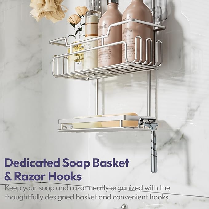 SWTYMIKI Bathroom Shower Caddy Hanging - 3 Tier Rustproof Over Shower Head Organizer, No Drilling Bathroom Shelf with 16 Hooks & Soap Holder, Anti-Swing Rack, Sand Nickel, Medium