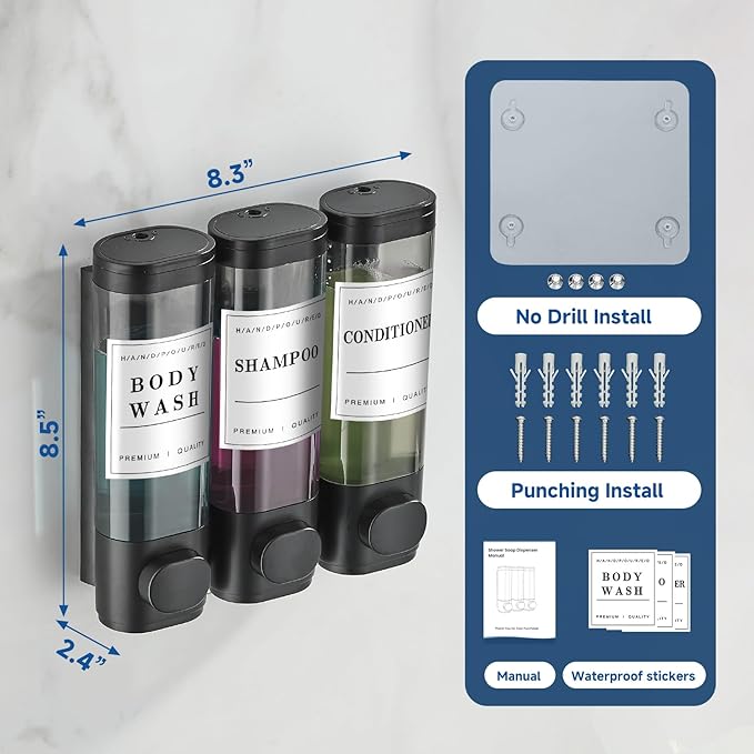 Shower Soap Dispenser Wall Mounted No Drill Shampoo Dispenser for Shower Wall Shampoo and Conditioner Dispenser Bathroom Hotel 3 * 300ml Black3 Self