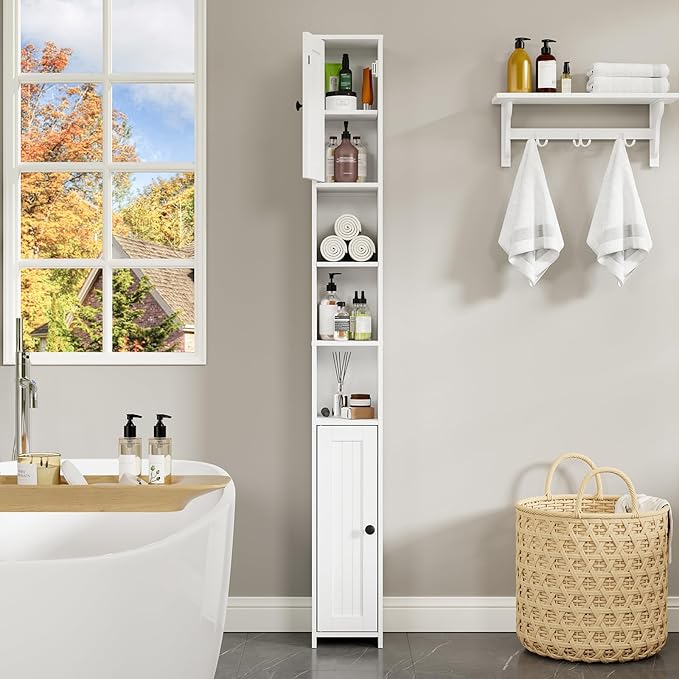 RRX Tall Slim Bathroom Storage Cabinet with 2 Doors,Adjustable Shelves,7.87''L*7.87''W*67''H, Narrow Cabinet with Anti-Tip for Toilet Paper Corner,Small Spaces, Kitchen,Bathroom (Milky White)
