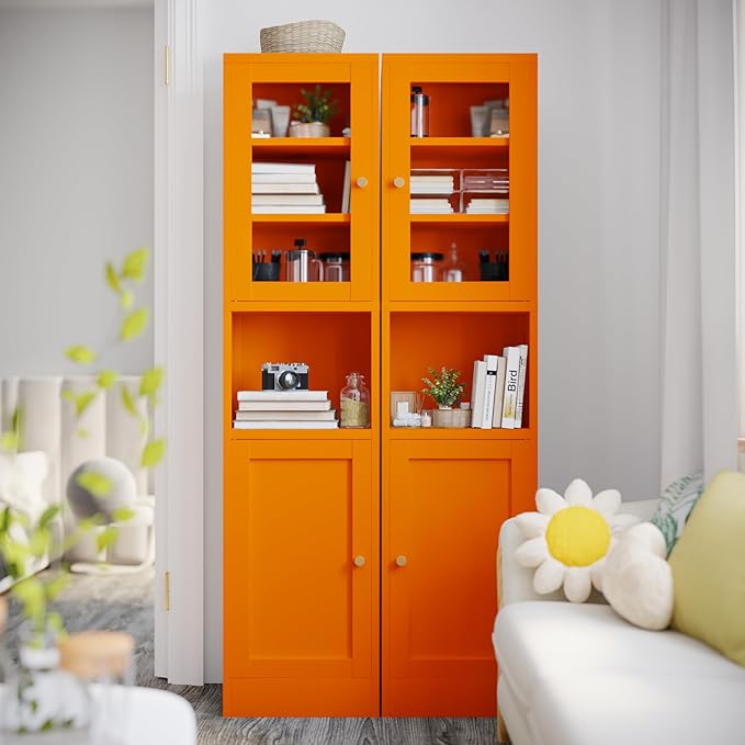 COFaR 67" Tall Metal Bathroom Storage Cabinet,6-Tier Narrow Cabinet with Glass Doors and Adjustable Shelves,Linen Cabinet for Small Spaces,Tall Cabinet for Bathroom,Living Room,Orange
