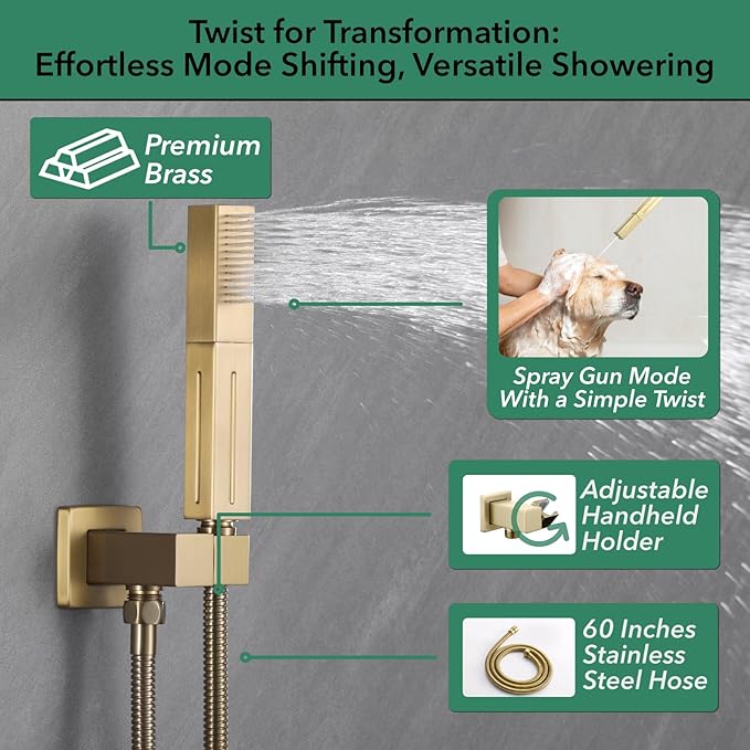 VANFOXLE Shower Faucet Set Brushed Gold Shower System,Shower Faucet with 2 in 1 Handheld,Ceiling Mount 16 Inch Shower Head+6 Inch Shower Head(Rough-in Valve Body and Trim)