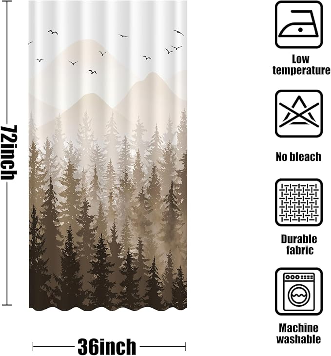 Aipon Brown Misty Forest Shower Curtain Ombre Nature Tree Plants Shower Curtains Fabric Waterproof Mountain Shower Curtain Sets for Bathroom Bath Decor (Brown, 36'' × 72'')