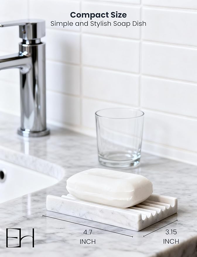 Marble Soap Dish - Soap Dish for Shower, Shower Bar Soap Holder, Stone Soap Container for Marble Bathroom Accessories, Decorative Dish with Drainage (Calacatta White, Rectangular)