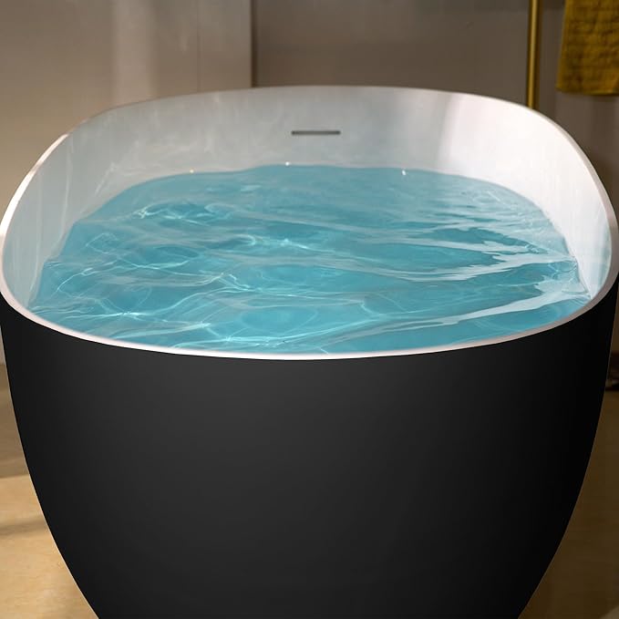 WOODBRIDGE 69" L x 32" W Luxury Contemporary Solid Surface Stone Resin Freestanding Bathtub in Matte Black with 2-Drain Covers