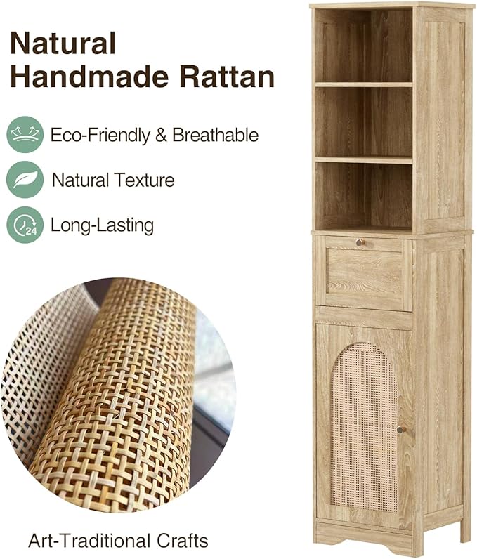 67" H Natural Bathroom Storage Cabinet with Rattan Doors and Slide Storage, Tall Narrow Freestanding Tower Cabinets with Adjustable Shelves for Kitchen, Living Room, Dining Room