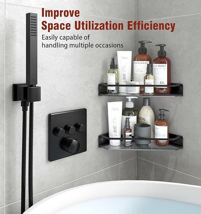 Corner Shower Caddy, 2 Pack Adhesive Bathroom Shelves，Acrylic Shower Shelf Rack, No Drilling Bathroom Organizers and Storage Racks,Black