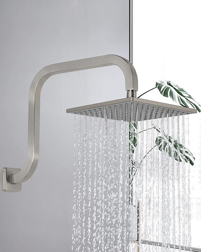 PHASAT S Shaped Square Shower Arm with Flange,High Rise Shower Head Extension Arm Brushed Nickel,PU9L03