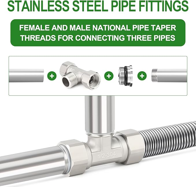 TAISHER 2PCS 304 Stainless Steel 3 Way Left&Right 2 Ends Flexible Movable Tee Connector, 1/2" Male for Sprayer, Angled Valve, Shower Arm