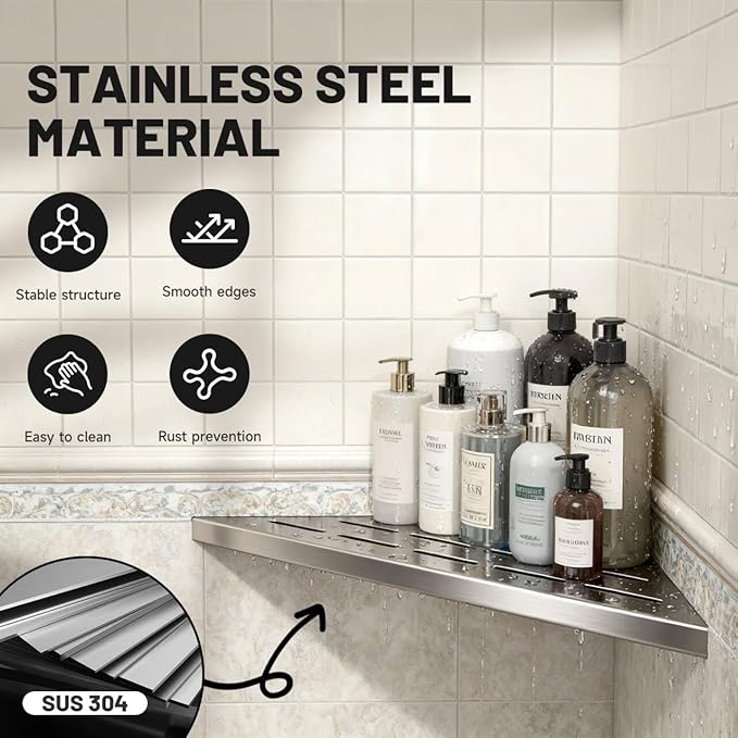 Corner Shower Shelves 10" Brushed Nickel, 2 Pack 304 Stainless Steel Shower Corner Shelf Recessed Slot Design, Wall Mount Triangle Shower Caddy for Bathroom, Kitchen Organization