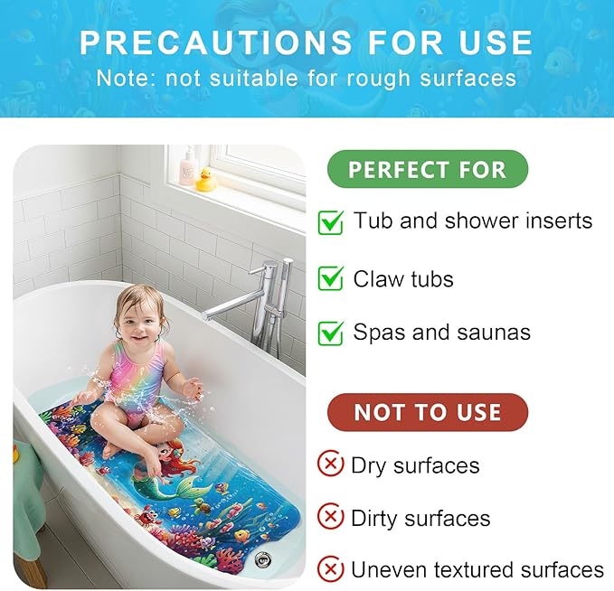 Upgrade Cartoon Baby Bath Mat Non Slip - 40"x16" Extra Long Bathtub Mat for Baby Eco Friendly Durable Bath Mat for Tub Non Slip Kids Tub Mat with Suction Cups, Machine Washable and No Fading, Mermaid