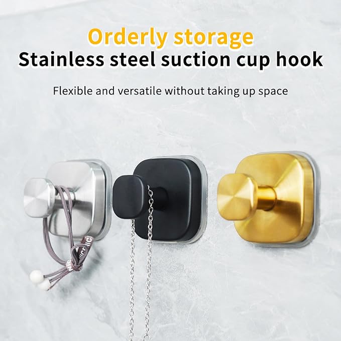 2Pcs Square Suction Cup Hook, 304 Stainless Steel Shower Hook, Removable Suction Cup Knob for Shower, Bathroom, Kitchen, Glass Door, Mirror (Gold)