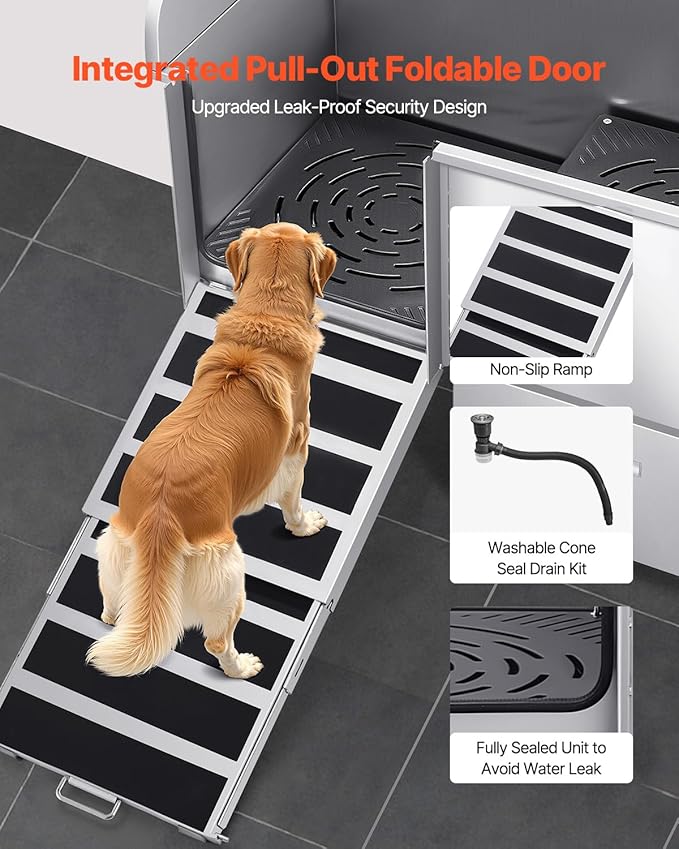 VEVOR Dog Bath Tub, Professional 50 Inch 304 Stainless Steel Dog Washing Station Anti-Slip Ramp & Storage Drawer, Hot Cold Water Faucet and Showerhead for Large Medium Small Dogs (Left Door)