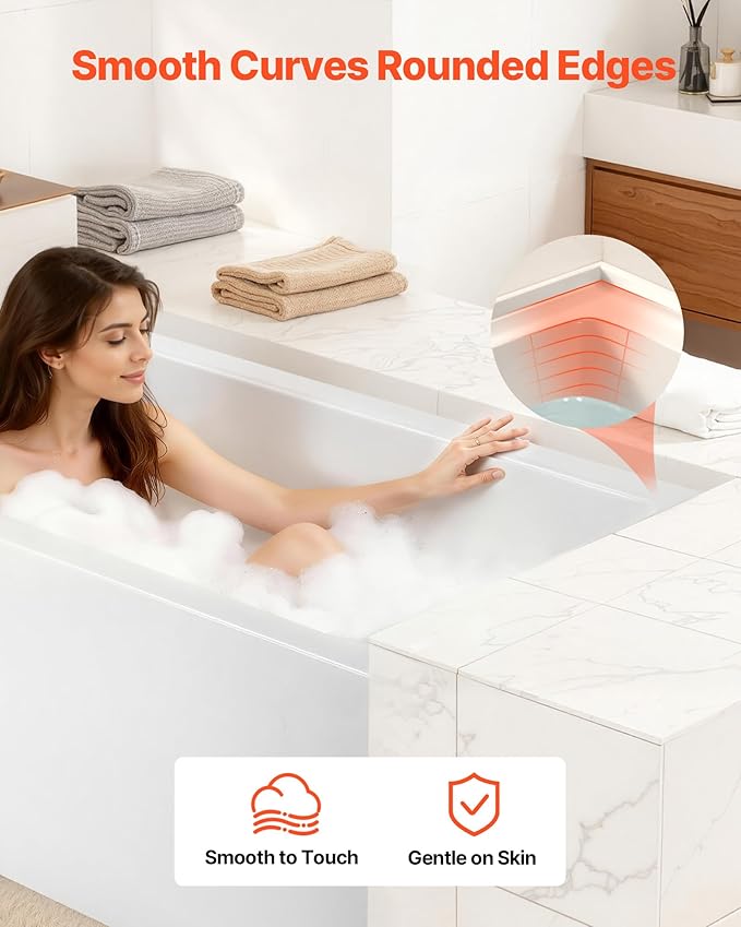 VEVOR Alcove Bathtub, 48" x 30" Contemporary Alcove Acrylic Bathtub, Soaking Bath Tub with Right Hand Drain and Overflow Hole, Large Rectangular Deep Soak Tub for Bathroom with Integral Flange, White