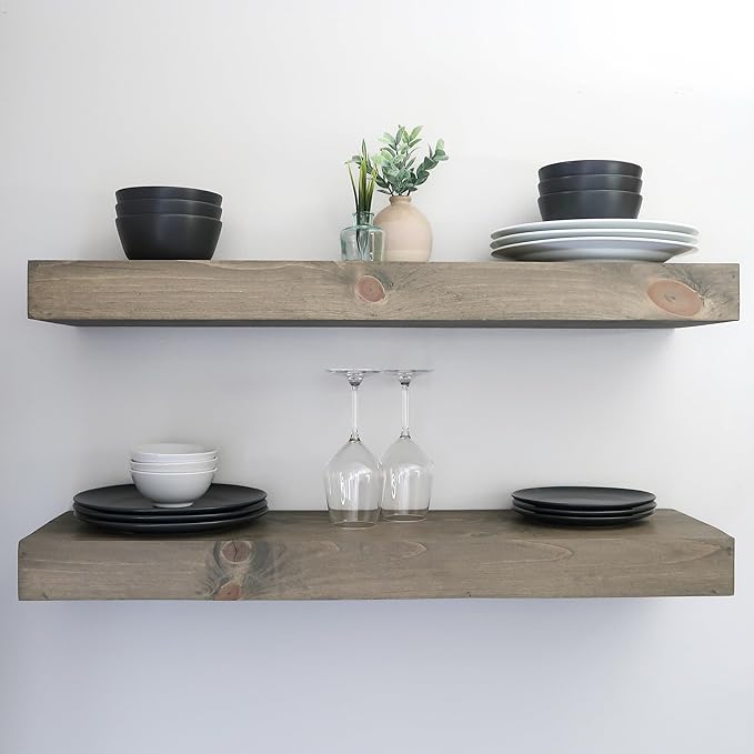 Urbandi Modern Floating Shelves 3 Inches Thick for Wall, Wide Shelves for Kitchen, Living Room, Bedroom, and Bathroom, Natural Pine Wood, Rustic Wooden Shelf, (Set of 2) (Aged Barrel, 48Lx3Hx8D)