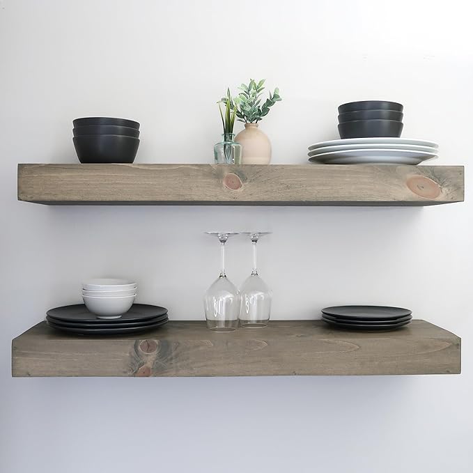 Urbandi Modern Floating Shelves 3 Inches Thick for Wall, Wide Shelves for Kitchen, Living Room, Bedroom, and Bathroom, Natural Pine Wood, Rustic Wooden Shelf, (Set of 2) (Aged Barrel, 48Lx3Hx6D)