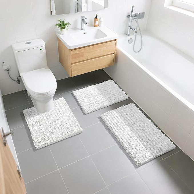Yimobra Bathroom Rugs Sets 2 Piece - Quick Dry Extra Thick Luxury Chenille Bath Mat, Non Slip Super Absorbent for Tub Shower Sink, Machine Washable Shaggy Floor Mat, 24"x17+24"x20" Inch, White
