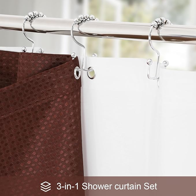 3 in 1 Long Brown Shower Curtain Set-72 W x 78 H, Modern Waffle and PEVA Liner Set with 12 Stainless Steel Hooks, Waterproof Fabric for Bathroom