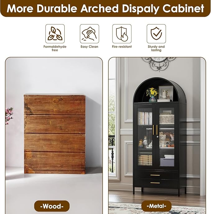 73''H Metal Arch Kitchen Pantry Cabinets, Arched Display Cabinet with Glass Doors&Drawers for Home Living Room, Assemble Required, Black