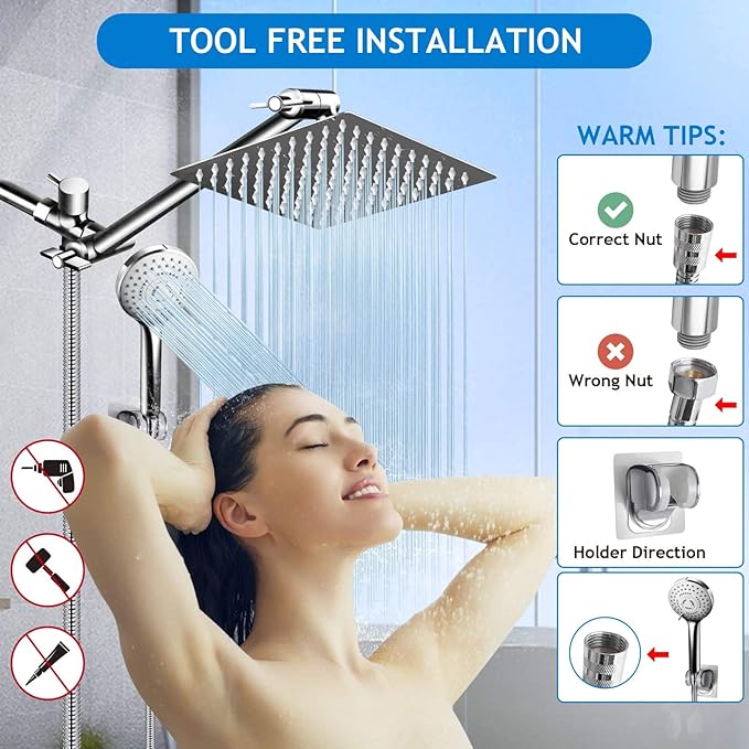 Shower Head Combo,8 Inch High Pressure Rain Shower Head with 11 Inch Adjustable Extension Arm and 5 Settings Handheld Shower Head Combo,Powerful Shower Spray Against Low Pressure Water with Long Hose