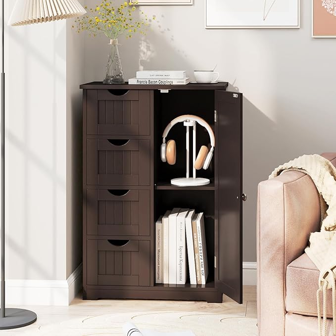 Tangkula Bathroom Floor Cabinet, Freestanding Storage Cabinet with 4 Drawers & Single Door, Adjustable Shelf, Multipurpose Bathroom Storage for Home Office, 21.5 x 12 x 32.5 Inches (Coffee)