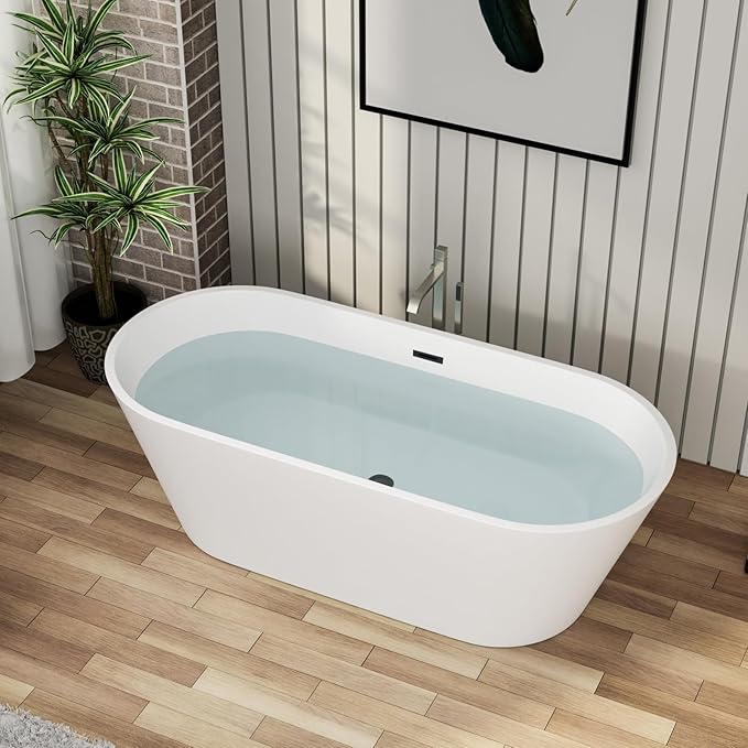 67" Acrylic Freestanding Bathtub - Mocloo Modern Elegant Soaking Stand Alone Bathroom Tub, Matte White, Overflow and Black Offset Drain