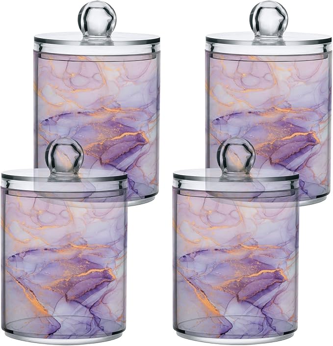 2 Pack Qtip Holder Organizer Dispenser Purple Transparent Waves Marble Bathroom Storage Canister Cotton Ball Holder Bathroom Containers for Cotton Swabs/Pads/Floss