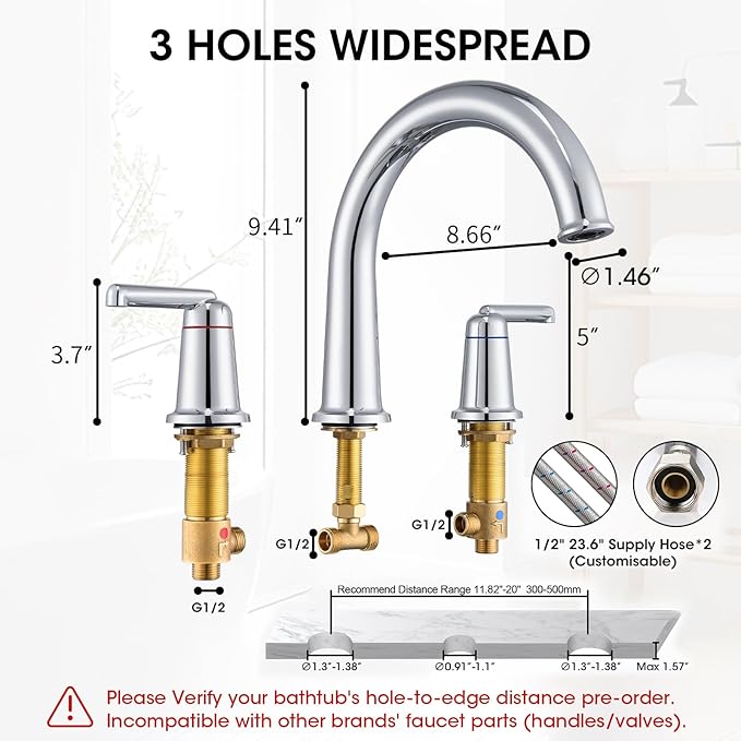 High Flow Roman Tub Faucet with Valve, Widespread Solid Brass 3 Hole Bathtub Faucet, 2 Handle Deck Mount Bath Tub Filler with Supply Water Hoses, Polished Chrome