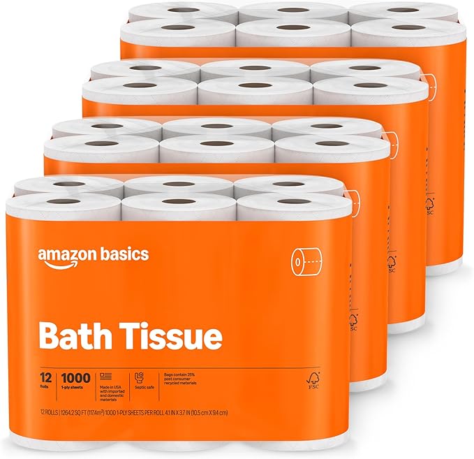 Amazon Basics 1000 Sheet 1-Ply Bath Tissue, 48 Rolls (4 Packs of 12)