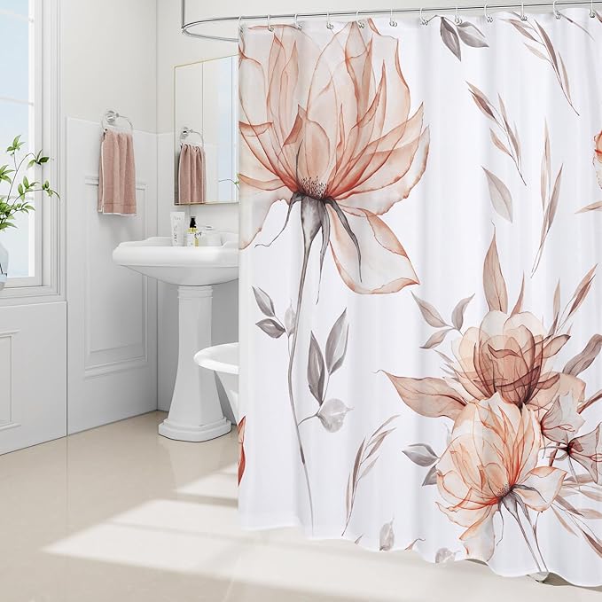 Orange and Grey Boho Watercolor Floral Shower Curtain, Ink Painting Style Blossom & Leaf Shower Curtains for Chic Elegant Bathroom, Artistic Fabric Cloth Flower Shower Curtain, 72x72