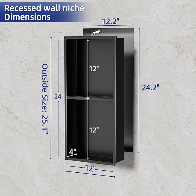 No Tile Needed Shower Niche - 12.75"x24.75"(Inner Size 12"X24") 304 Stainless Steel Recessed Bathroom Shelf, 2-Tier Waterproof Organizer Over Mount Cabinet for Shower Storage, Matte Black