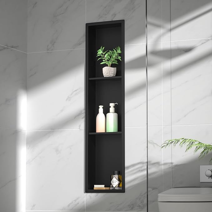 Stainless Steel Shower Niche 8"×36" Matte Black with 3-Tier Shelves No Tiled Needed Niche Shower for Bathroom Wall Recessed Bathroom Shower Shelf for Storage