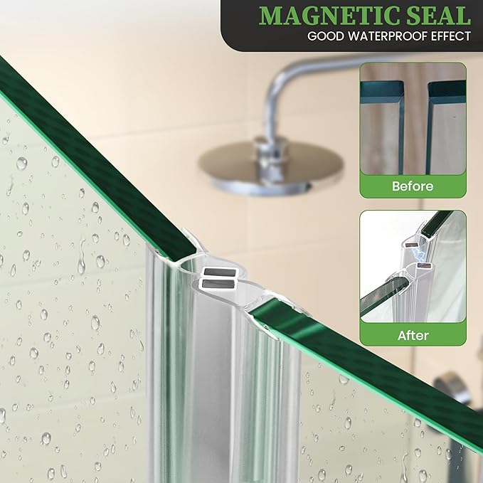 Bathroom Shower Glass Door Side Seal Strips, Length 78 Inch 2PCS Transparent PVC Door Side Seall Strips with Magnetic Stripe for 1/4" (6MM) Thick Framless Glass Panel