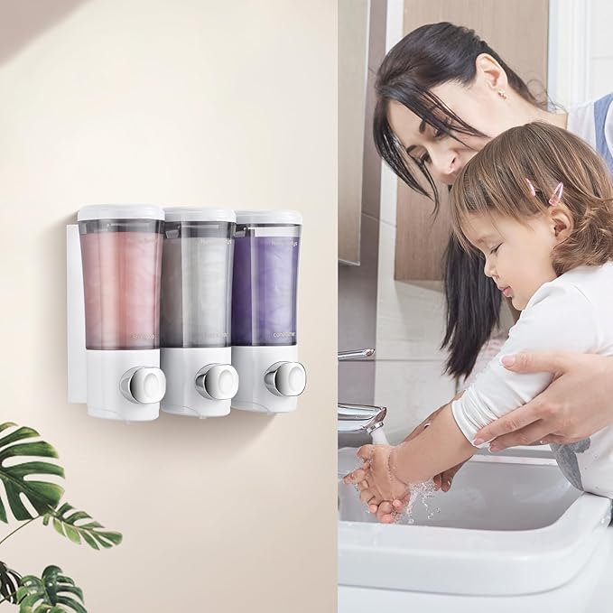 Shampoo and Conditioner Dispenser No Drill Shower Soap Dispenser Wall Mounted Shower Dispenser 3 Chamber with Upgrade Smooth Pump Head Bathroom Body Wash Soap Dispenser Set 450ml*3 White