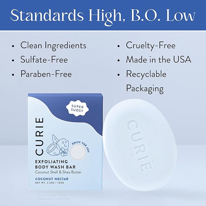 Curie Coconut Nectar Exfoliating Body Wash Bar – Natural, Vegan, Sulfate-Free Formula for Gentle Exfoliation & Soft, Radiant Skin (3PK)