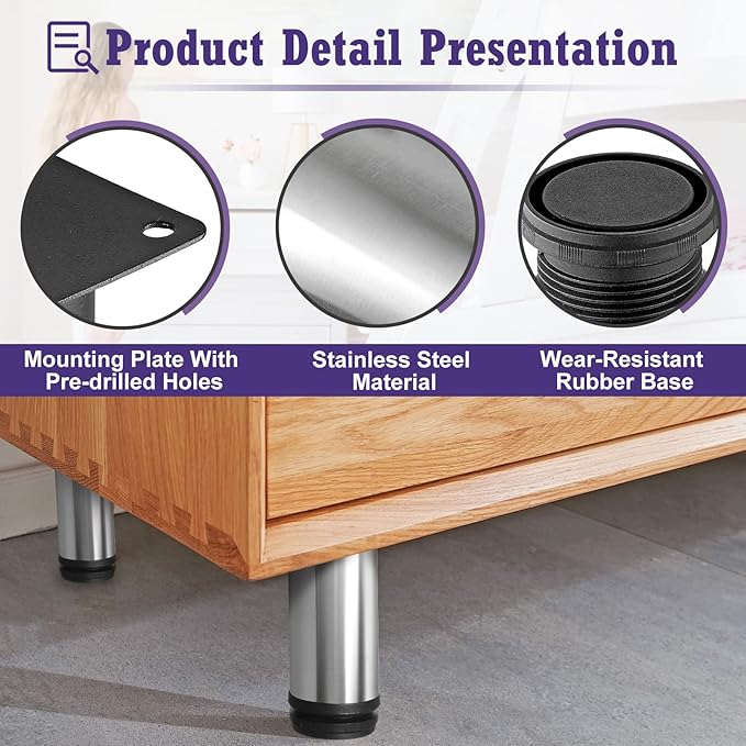 10 Inch Metal Furniture Legs Stainless Steel Adjustable Legs Silver Metal Legs Round Cabinet Legs for Coffee Table Cabinet Desk Sofa Shelves, Pack of 4