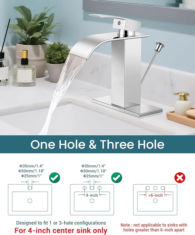 Bathroom Faucets with Lift Rod Drain Chrome Waterfall Bathroom Sink Faucet Modern Single Handle Bathroom Faucet for 1 or 3 Hole Mxier Tap Washbasin Faucet with Deck