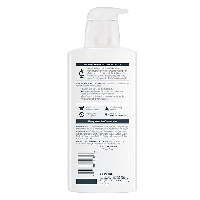 Eucerin Baby Unscented Baby Shampoo and Body Wash, Hypoallergenic, Tear Free Shampoo and Wash with Pro-Vitamin B5 and Shea Butter, 13.5 Fl Oz Bottle 3 pack