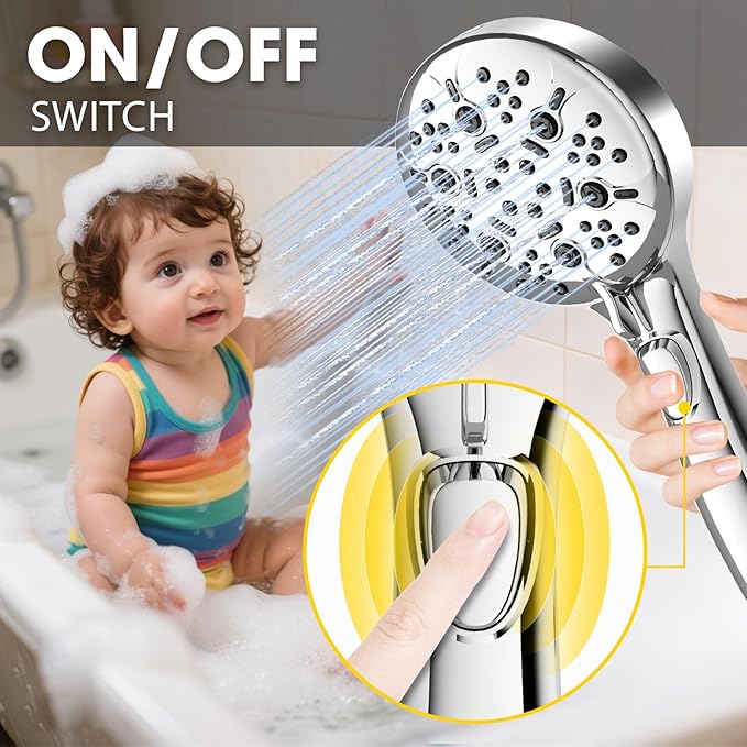 8-Mode High Pressure Handheld Shower Head with ON/OFF Switch,Handheld Shower Wand with Power Wash Spray for Cleaning Tubs,Pets & Tiles,79-Inch Stainless Steel Hose & Bracket,Chrome
