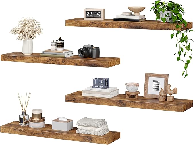 Floating Shelves for Wall, 1.5" Thick Wall Shelf Set of 4 with Invisible Brackets, 31.5 x 7.9W Hanging Shelves Farmhouse Home Decor for Bathroom, Living Room, Bedroom, Rustic Brown 8301BJP4BF