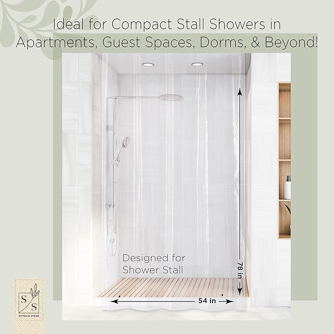 Stitch & Stone Shower Curtain Liner, Premium Medium Weight Durable Waterproof 6g PEVA for Bathroom with Weighted Magnets, Extra Long 54" x 78", Clear 1 Pack