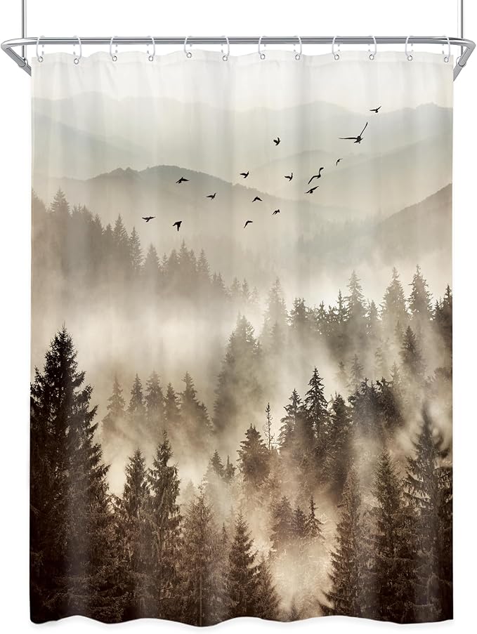 Riyidecor Foggy Mountain Shower Curtain 48Wx72H Inch RV Narrow Nature Scenery Tree Rustic Natural Woodland Alpine Landscape Modern Abstract Bathroom Decor Fabric Polyester Waterproof 8 Pack Hooks