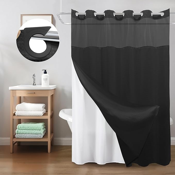 Inhousolu Extra Long No Hook Shower Curtain with Snap in Fabric Liner Set Waffle Weave 230GSM Weighted Hem, Waterproof & Washable Bathroom Curtain Spa Luxury with Mesh Top Window 72" W x 84" L Black