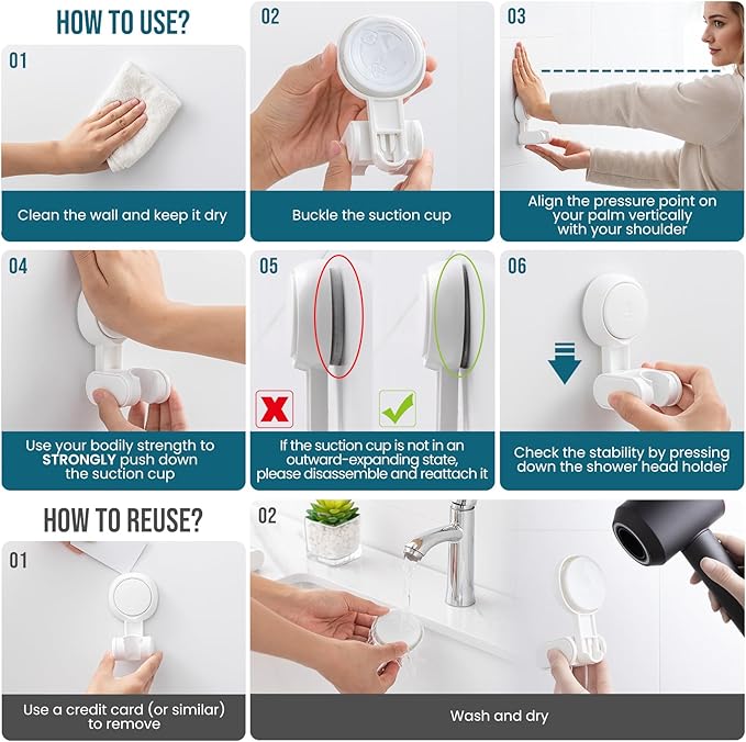 TAILI Shower Head Holder Suction Cup, handheld Shower Head Bracket, Height Angle Adjustable Wall Mounted, Bathroom Showerhead Holder No Drilling Removable Waterproof, White