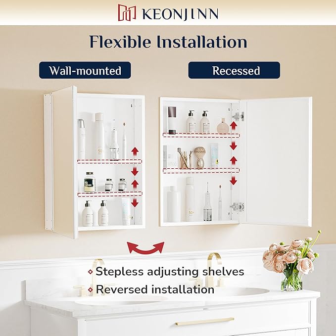 Keonjinn 24 x 32 Inch Medicine Cabinet Mirror, Assembly Required, Large White Medicine Cabinets for Bathroom, Stepless Adjustable Shelves, Tempered Glass, Soft Closing, Recessed or Wall Mount