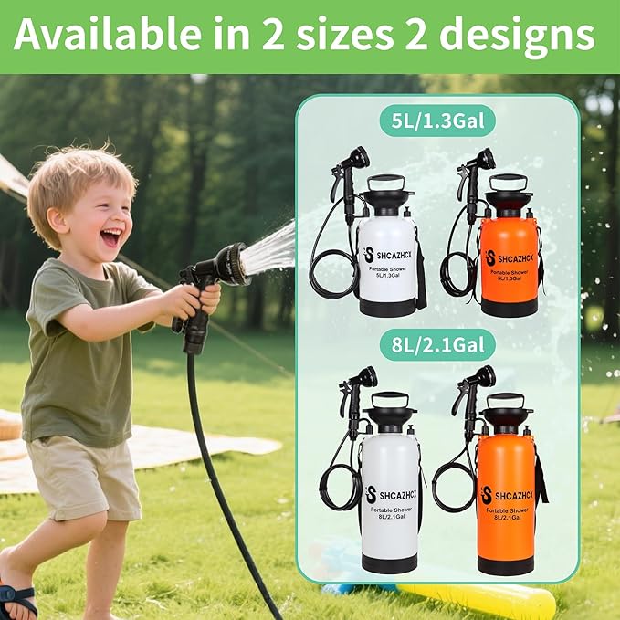 1.3 Gallon/5L Portable Outdoor Shower, 10 Spray Modes, No Power Needed, Insulated Sleeve Keeps Water Warm, Multi-Use Sprayer for Camping, Beach & Surfing, Fishing, Hiking, Road Trips, White