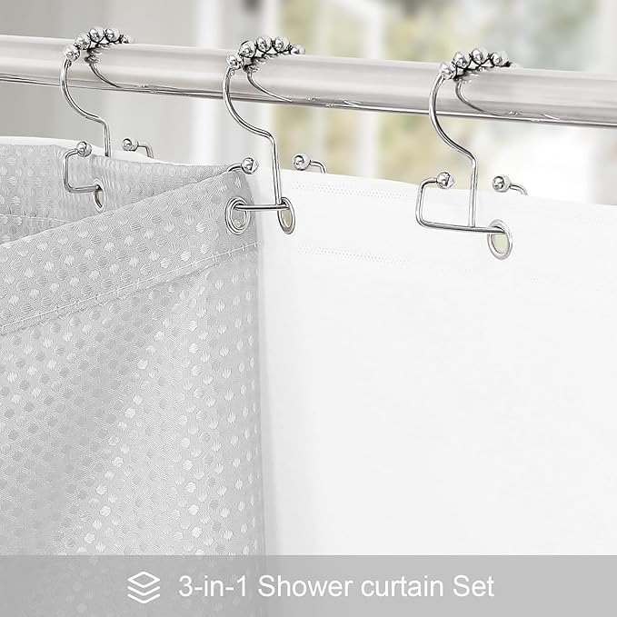 3 in 1 Long Light Grey Shower Curtain Set-72 W x 78 H, Modern Waffle and PEVA Liner Set with 12 Stainless Steel Hooks, Waterproof Fabric for Bathroom