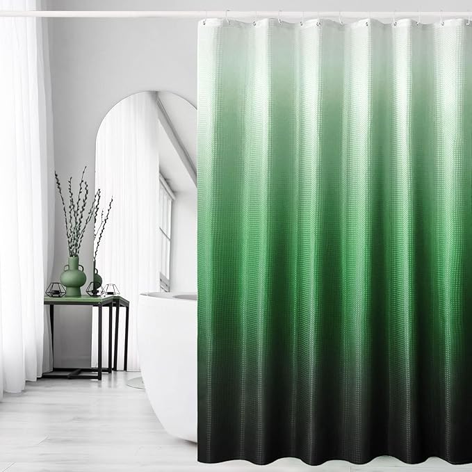 Gibelle Emerald Green Shower Curtain, Ombre Shower Curtains for Bathroom, Waffle Weave Textured Fabric Shower Curtain Set with Hooks, Water Repellent and Machine Washable, 72 x 72