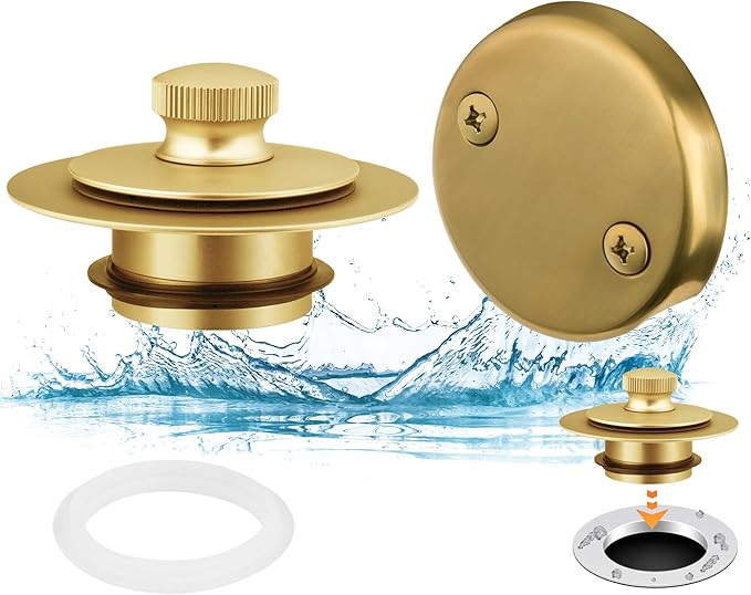 Artiwell Bath Tub Drain Trim Set Conversion Kit Assembly, with Easy Installation Lift and Turn Twist Bathdrain Stopper and Two Holes Tub Drain Overflow Faceplate, Fit Most Bath Drains, Brushed Gold